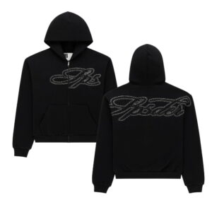 Rhinestone Script Zip Hoodie Black